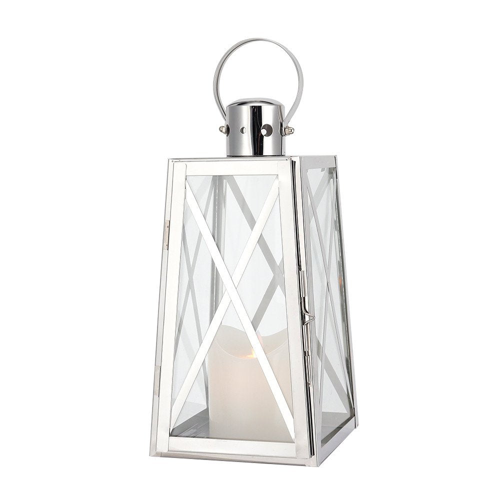 12" Clear And Silver Glass And Stainless Steel Tabletop Lantern Candle Holder