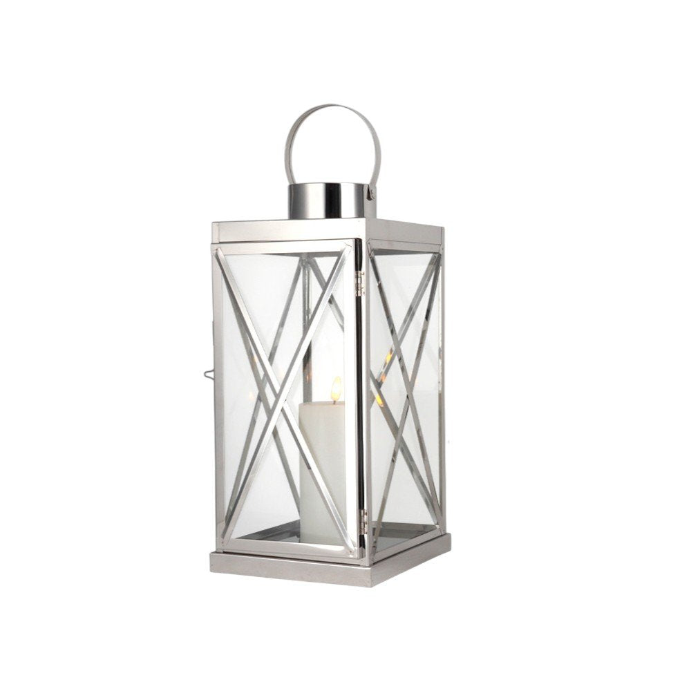 Set of Three Clear And Silver Glass And Stainless Steel Tabletop Lantern Candle Holders