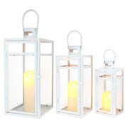 Set of Three Clear And White Glass And Stainless Steel Tabletop Lantern Candle Holders