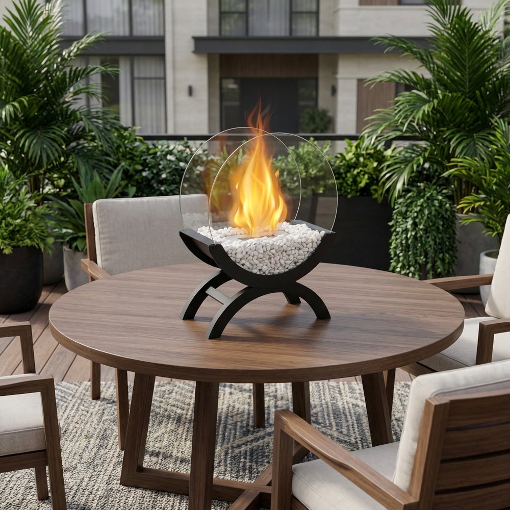 15" Black And Clear Metal And Glass BioEthanol Portable Tabletop Firepit