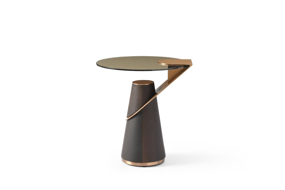 22" Clear Rose Gold and Dark Brown Glass Stainless Steel and Solid Wood Round Pedestal End Table