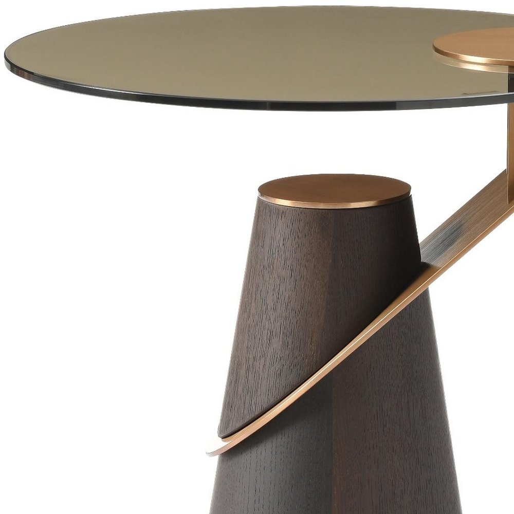 22" Clear Rose Gold and Dark Brown Glass Stainless Steel and Solid Wood Round Pedestal End Table