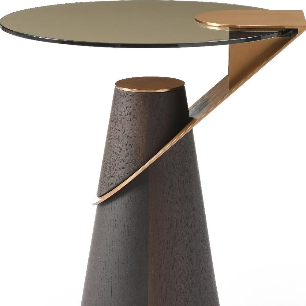 22" Clear Rose Gold and Dark Brown Glass Stainless Steel and Solid Wood Round Pedestal End Table