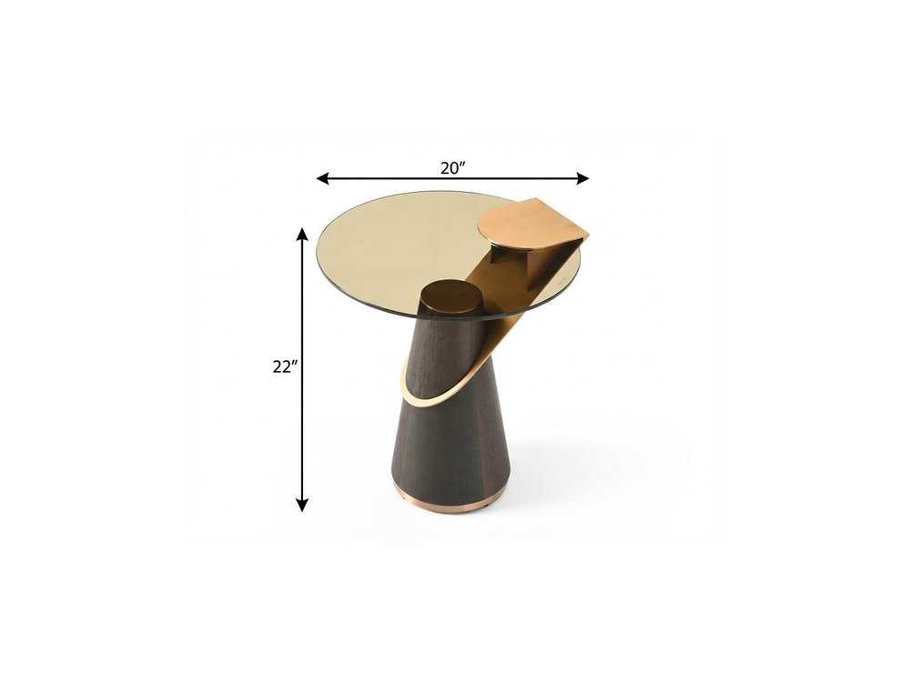 22" Clear Rose Gold and Dark Brown Glass Stainless Steel and Solid Wood Round Pedestal End Table
