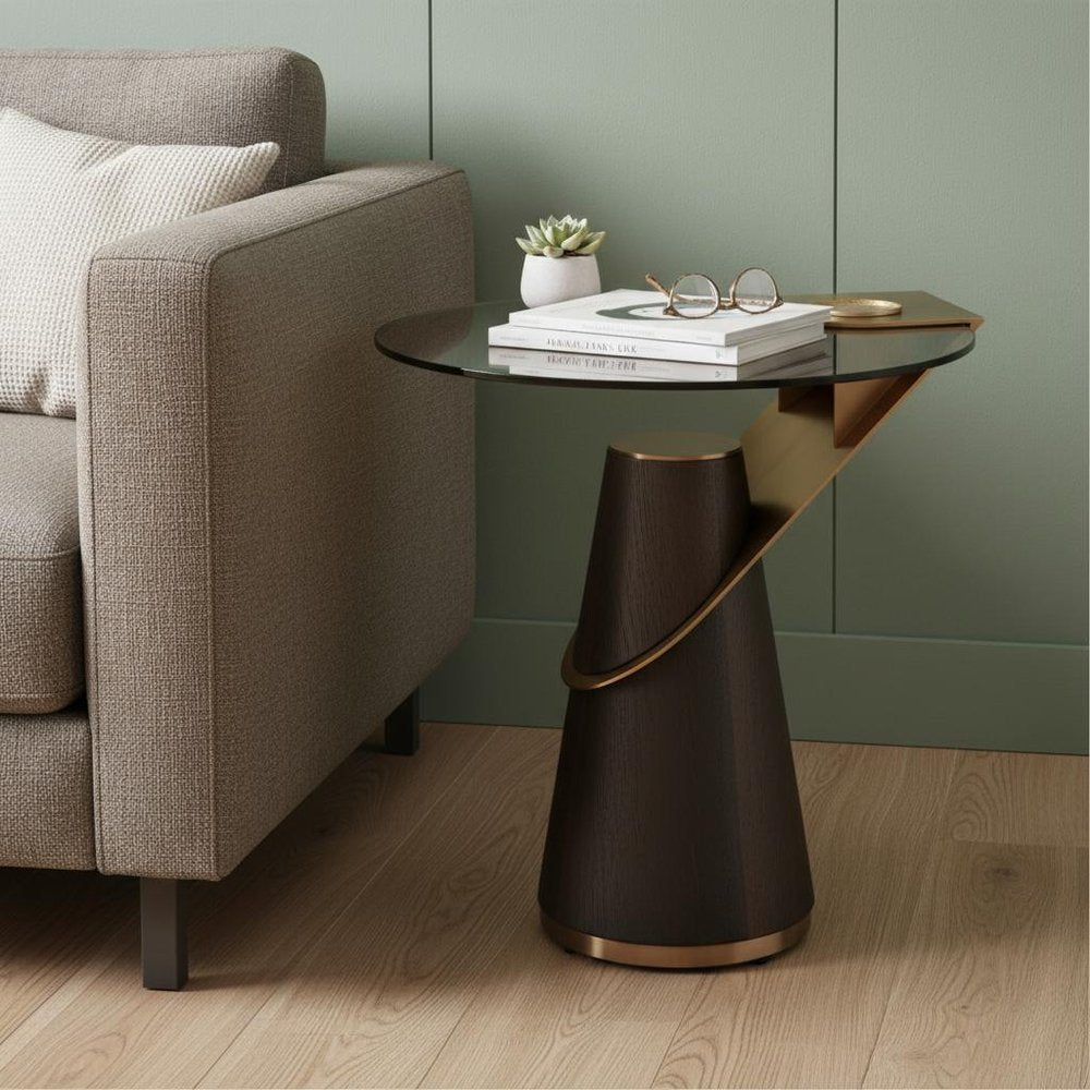 22" Clear Rose Gold and Dark Brown Glass Stainless Steel and Solid Wood Round Pedestal End Table