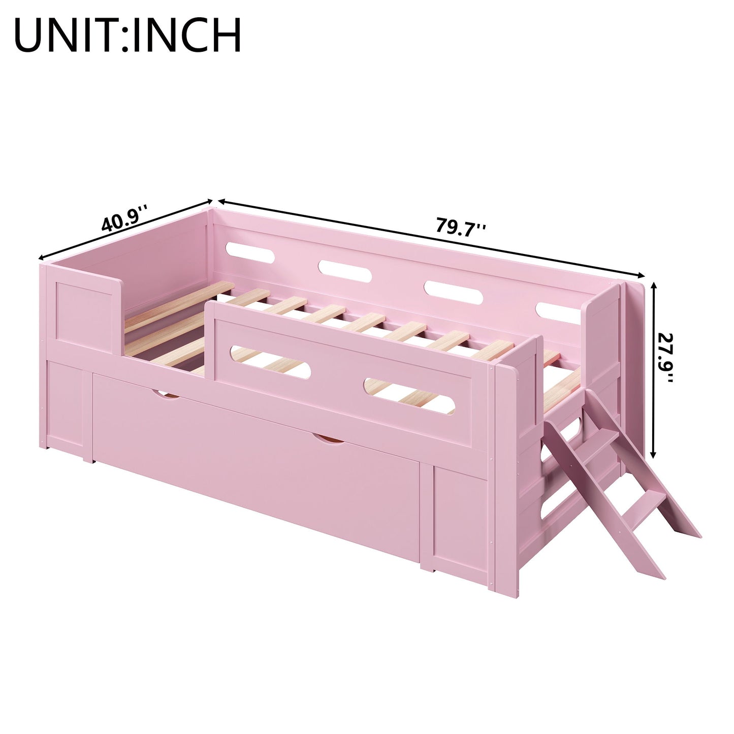 Platform Bed With Guardrail And Drawer