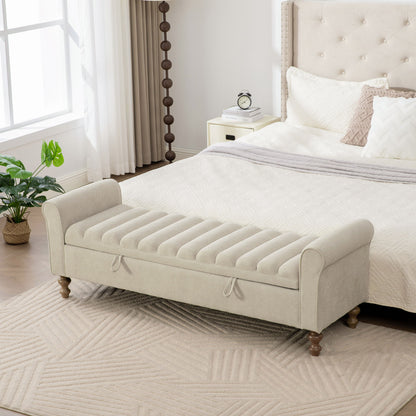 Wide Upholstered Storage Bench With Rolled Armrest For Bedroom - Griege