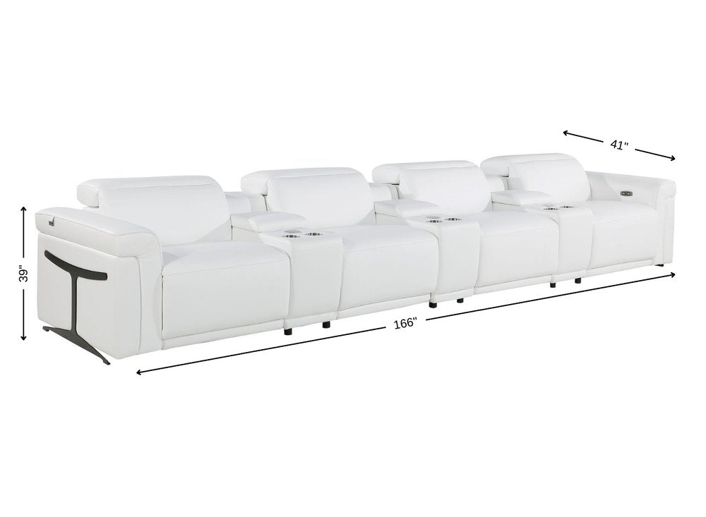 166" White Top Grain Leather Reclining Metal USB Sofa
