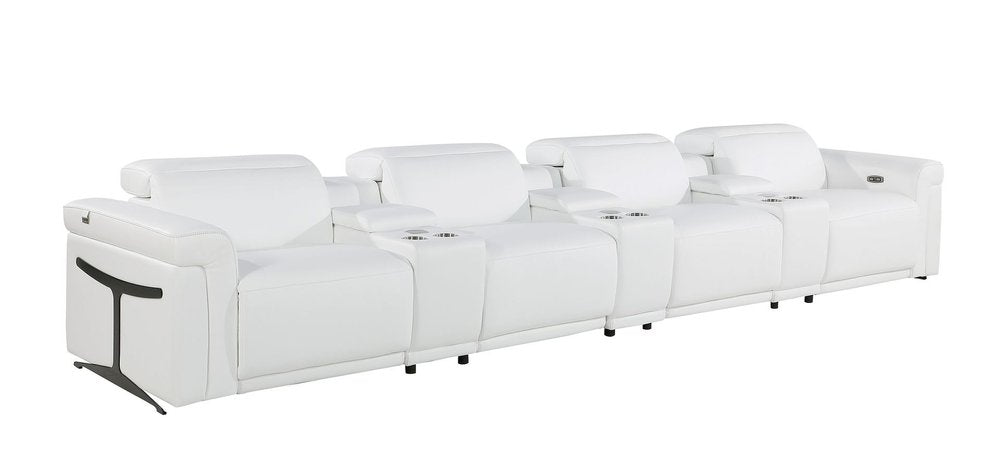 166" White Top Grain Leather Reclining Metal USB Sofa