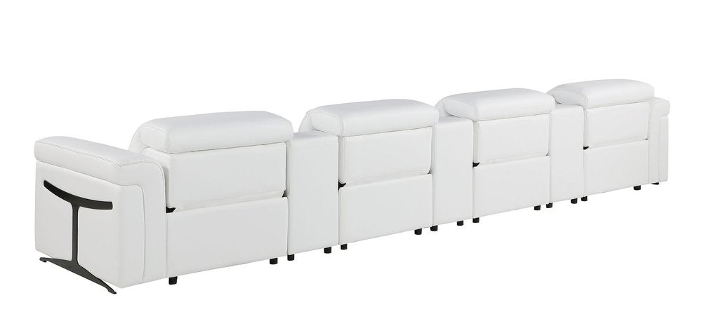 166" White Top Grain Leather Reclining Metal USB Sofa