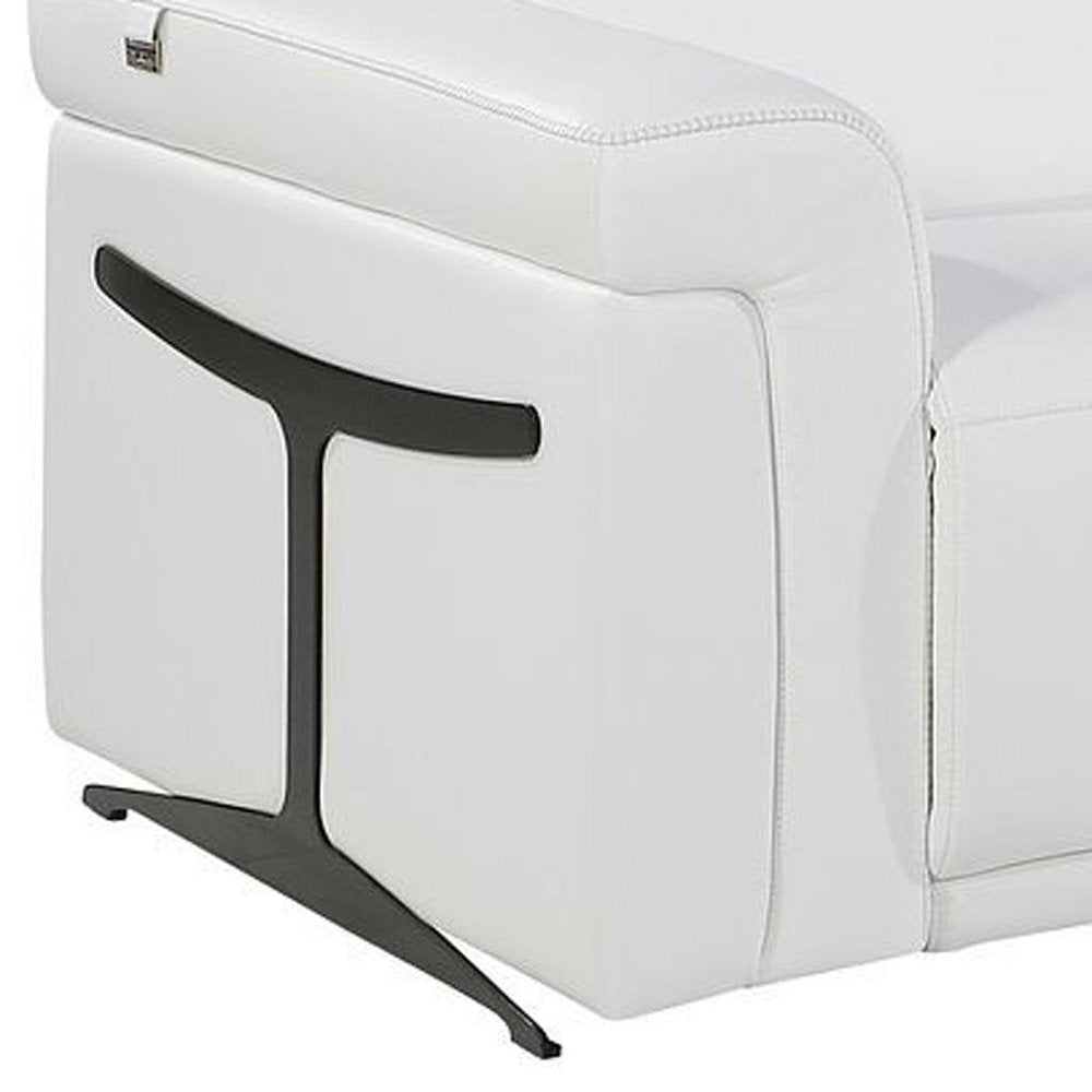 166" White Top Grain Leather Reclining Metal USB Sofa