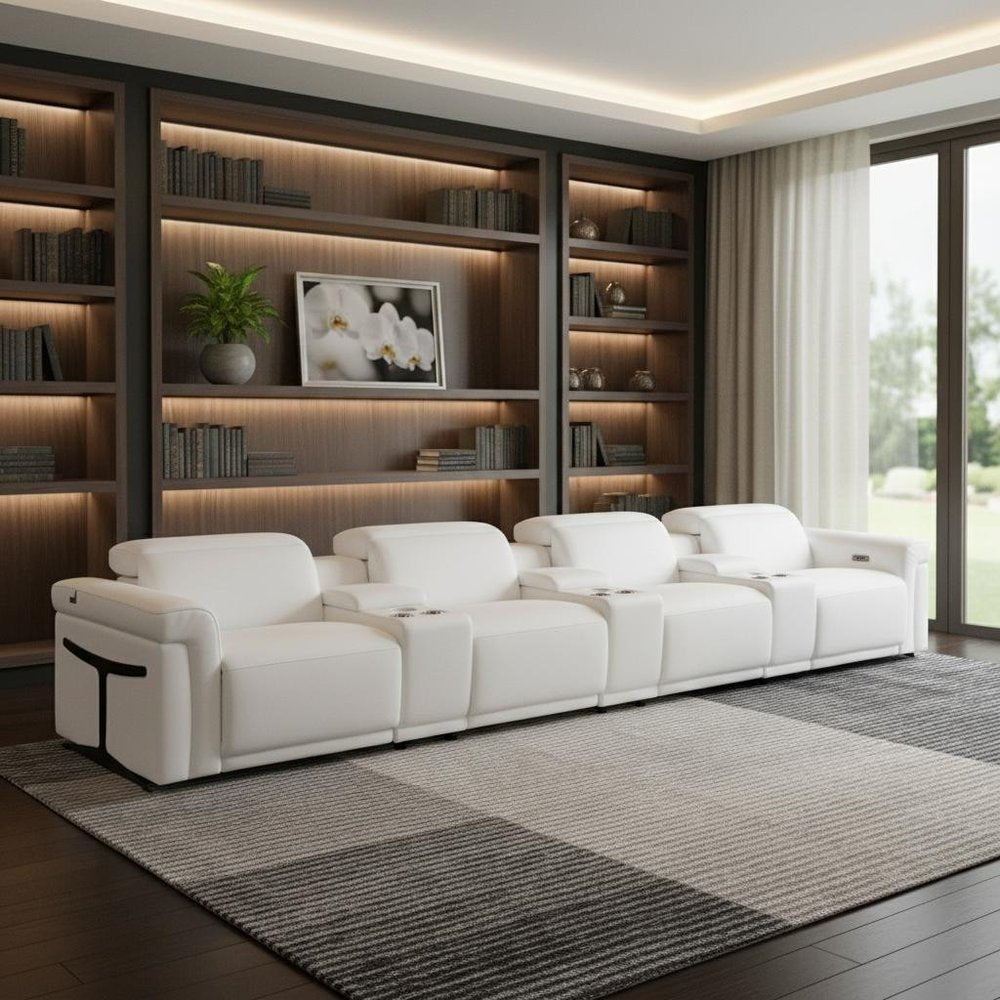 166" White Top Grain Leather Reclining Metal USB Sofa