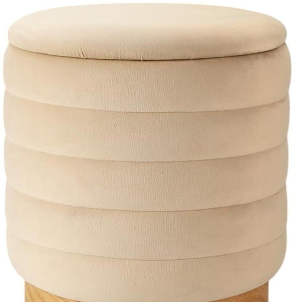 16" Beige and Natural Velvet Tufted Cylinder Storage Ottoman