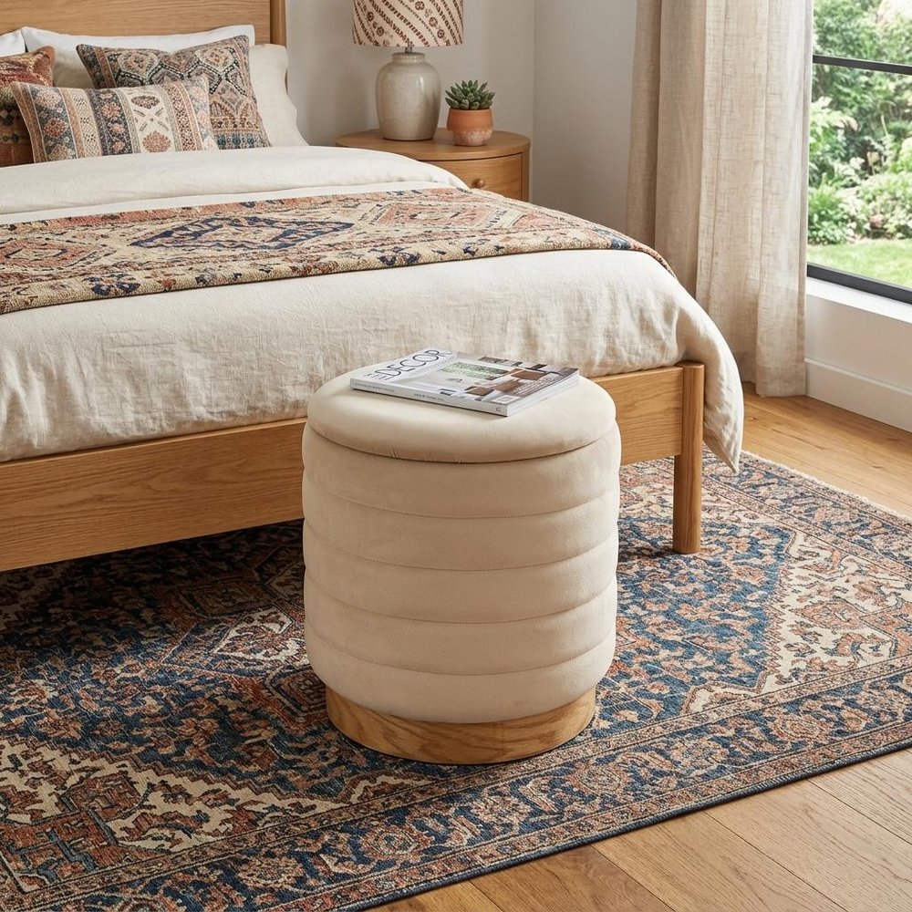 16" Beige and Natural Velvet Tufted Cylinder Storage Ottoman