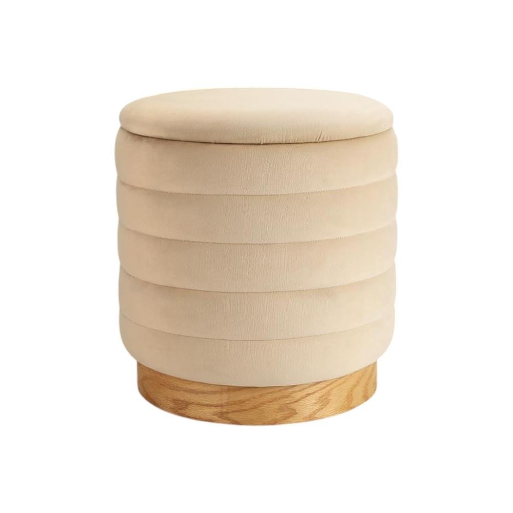 16" Beige and Natural Velvet Tufted Cylinder Storage Ottoman