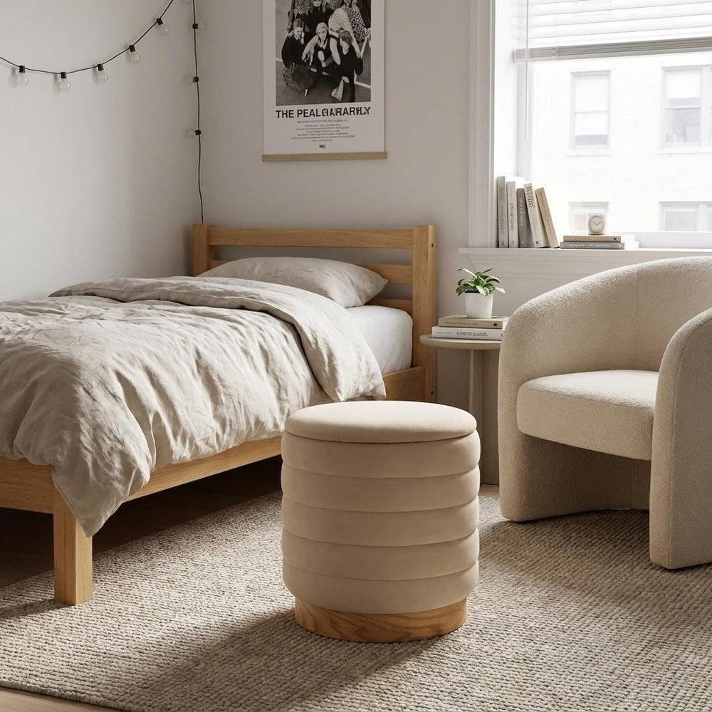 16" Beige and Natural Velvet Tufted Cylinder Storage Ottoman