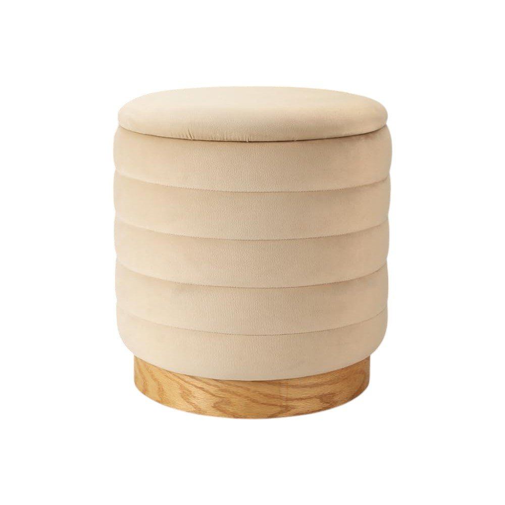 16" Beige and Natural Velvet Tufted Cylinder Storage Ottoman