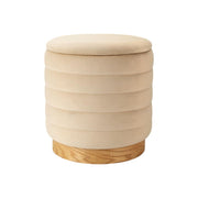 16" Beige and Natural Velvet Tufted Cylinder Storage Ottoman