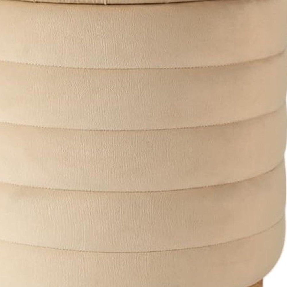 16" Beige and Natural Velvet Tufted Cylinder Storage Ottoman