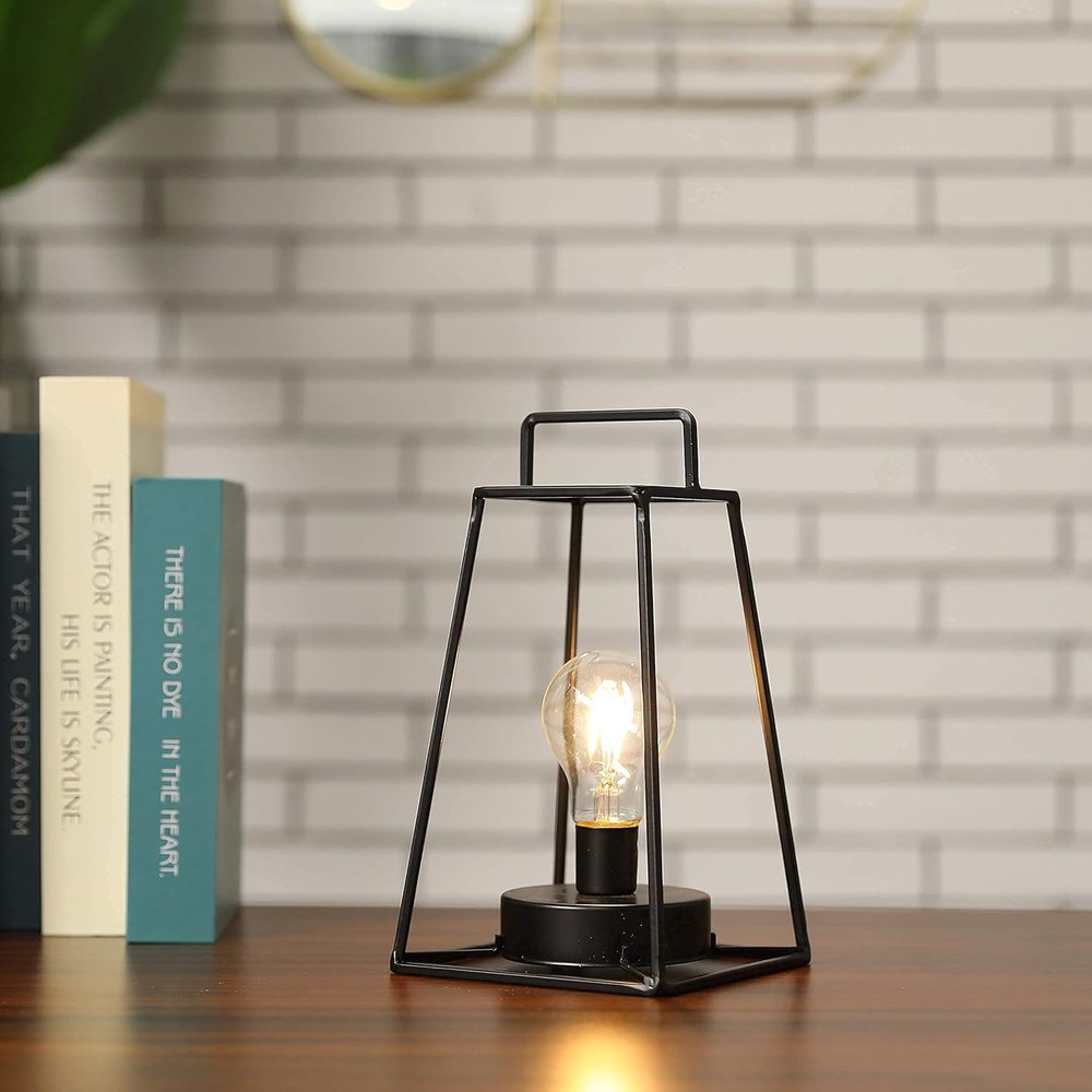 10" Black Metal Geometric Battery Operated Desk Lamp With Novelty Shade