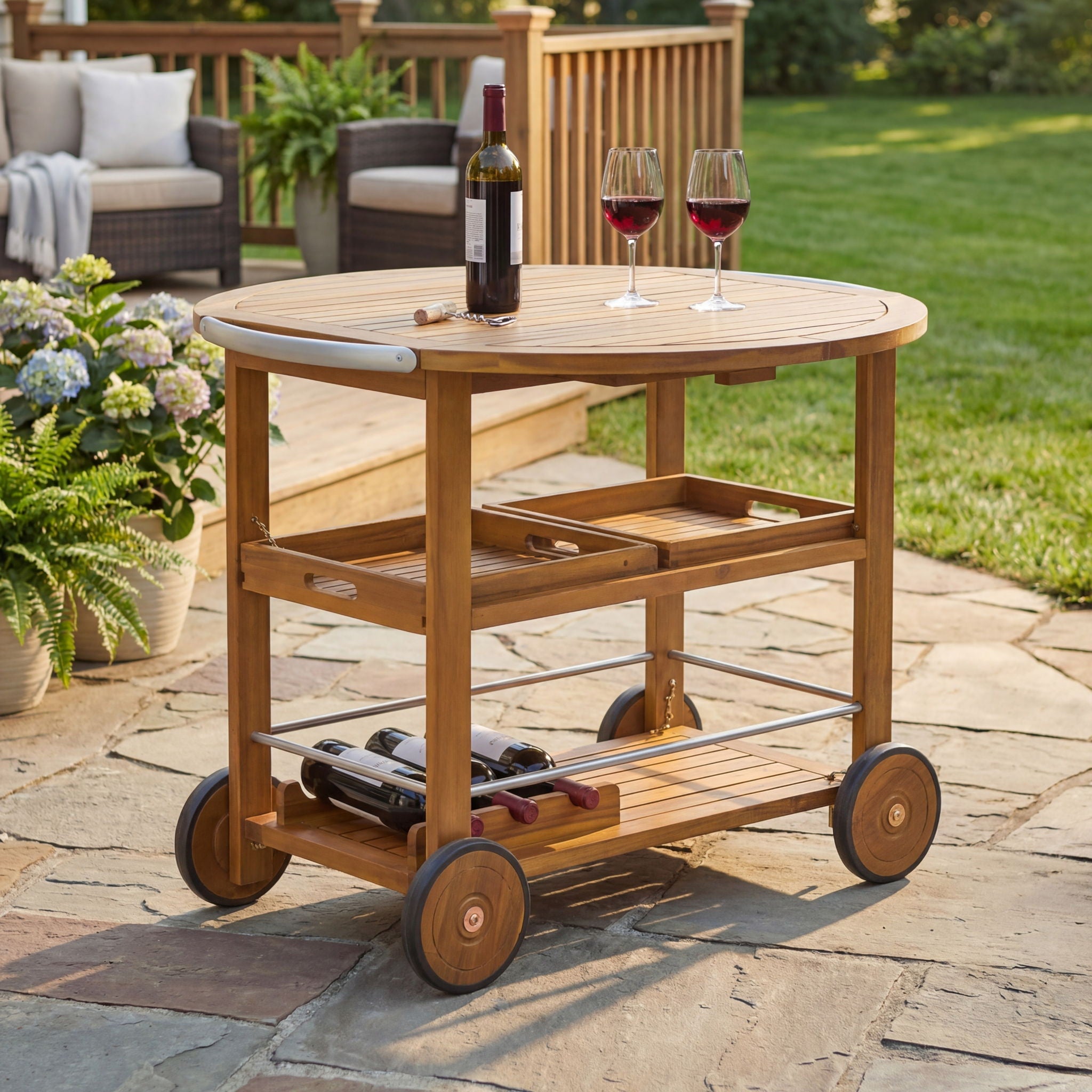 Outdoor Bar Cart With Foldable Tabletop & Removable Trays - Teak