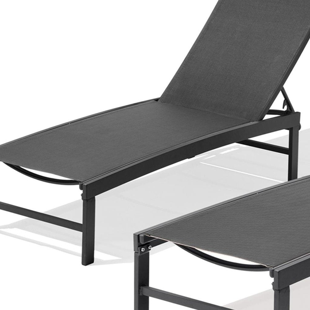 Set of Two Black Metal Five Position Adjustable Outdoor Chaise Lounges