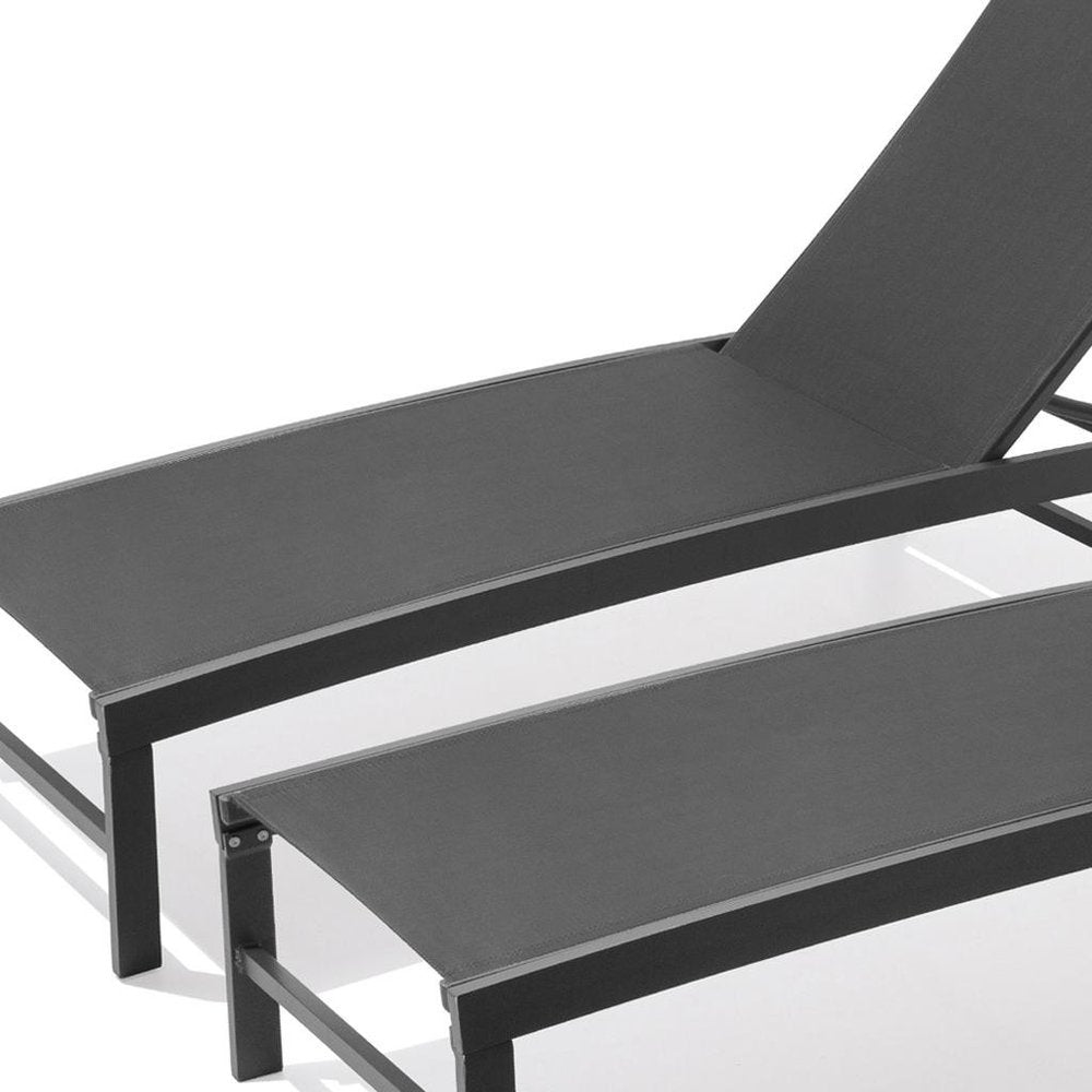 Set of Two Black Aluminum Six Position Adjustable Outdoor Chaise Lounges
