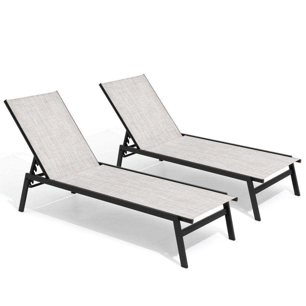 Set of Two Beige Steel Five Position Adjustable Outdoor Stacking Chaise Lounges