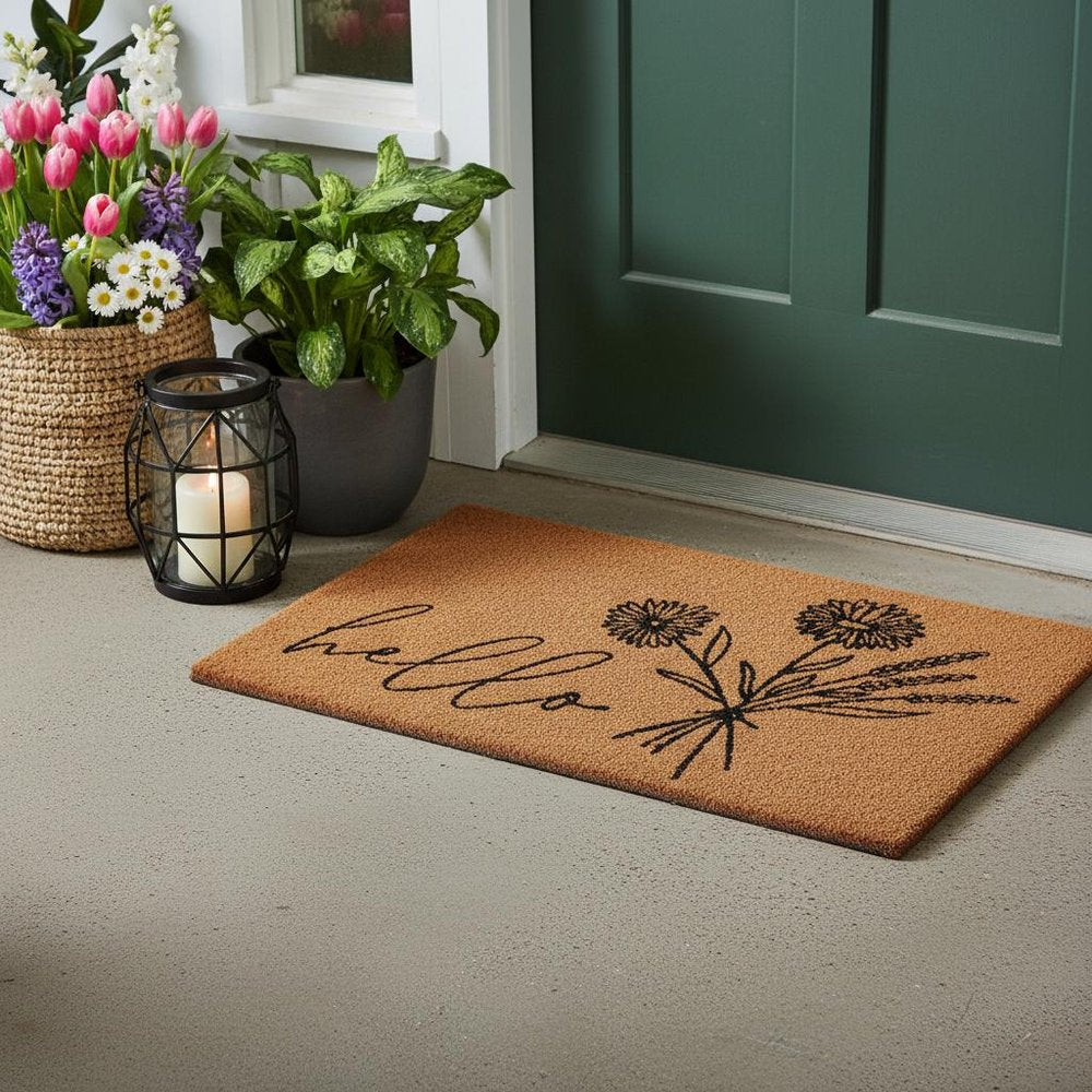 24" X 36" Natural and Black Coir Floral Hello Outdoor Door Mat