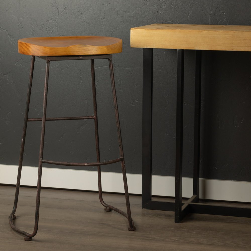 30" Brown and Black Wood and Steel Bar Height Bar Chair