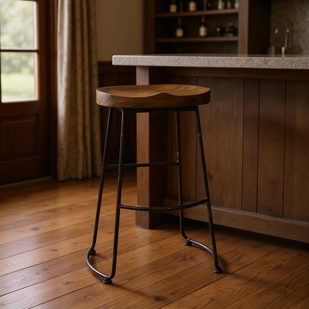 30" Brown and Black Wood and Steel Bar Height Bar Chair