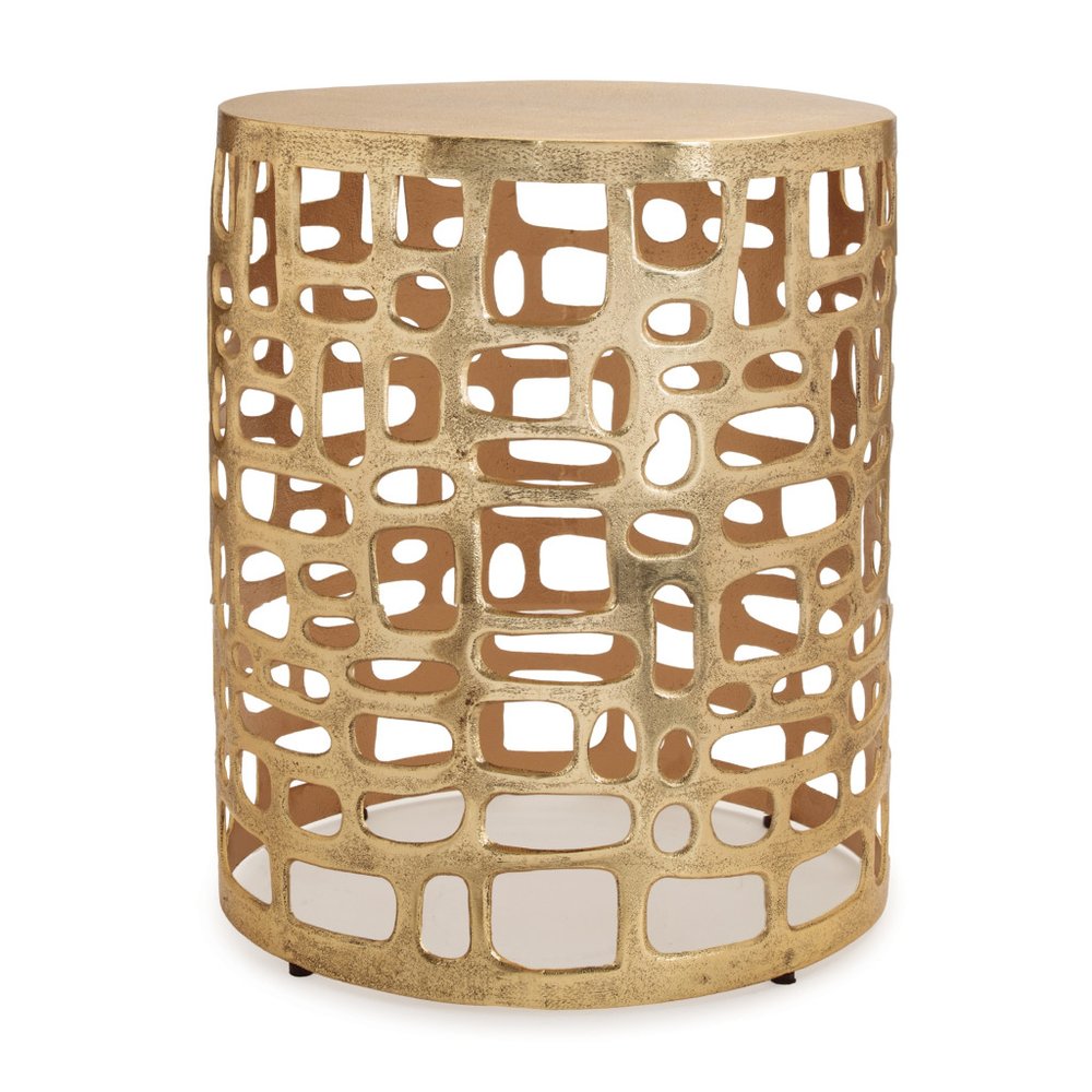 19" Gold Modern Abstract Cut Out Round Drum End Table