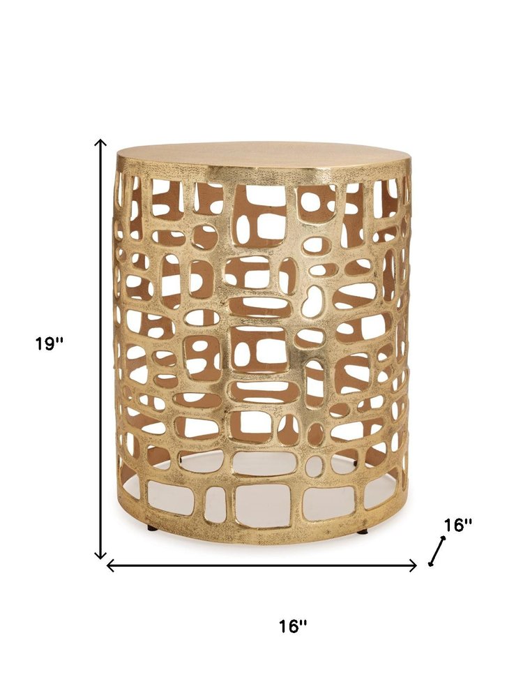 19" Gold Modern Abstract Cut Out Round Drum End Table