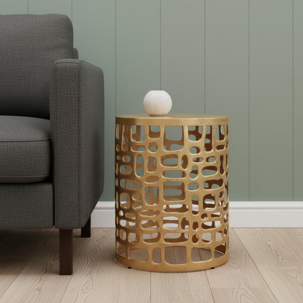 19" Gold Modern Abstract Cut Out Round Drum End Table