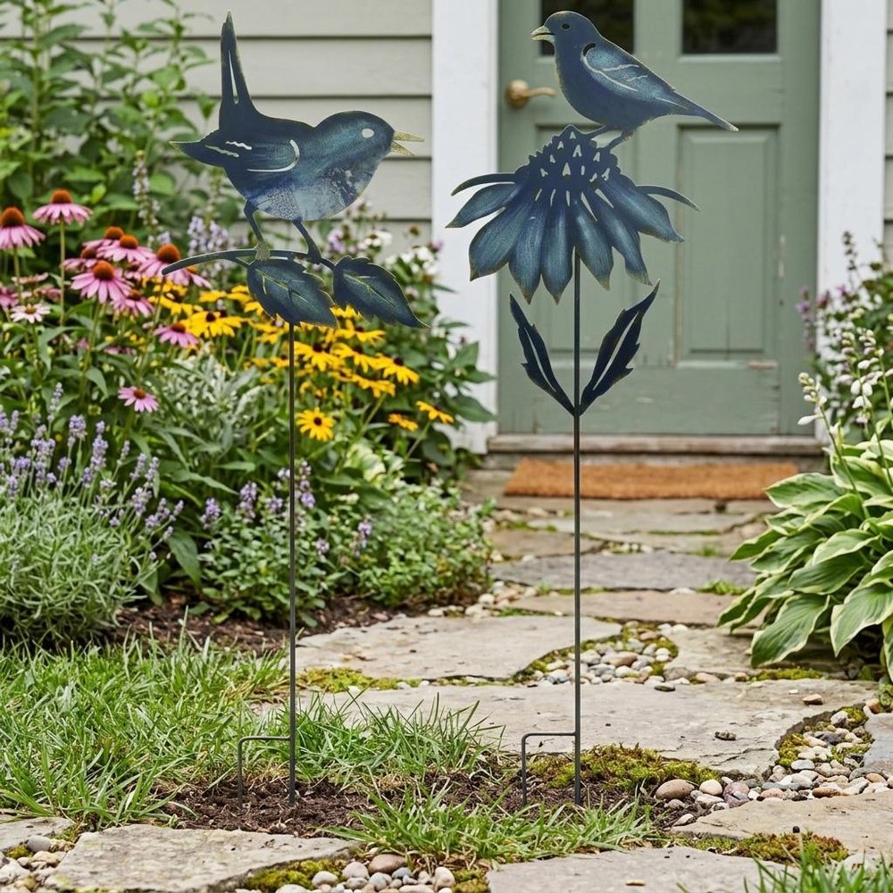 Set of Two Blue Iron Birds Garden Stake