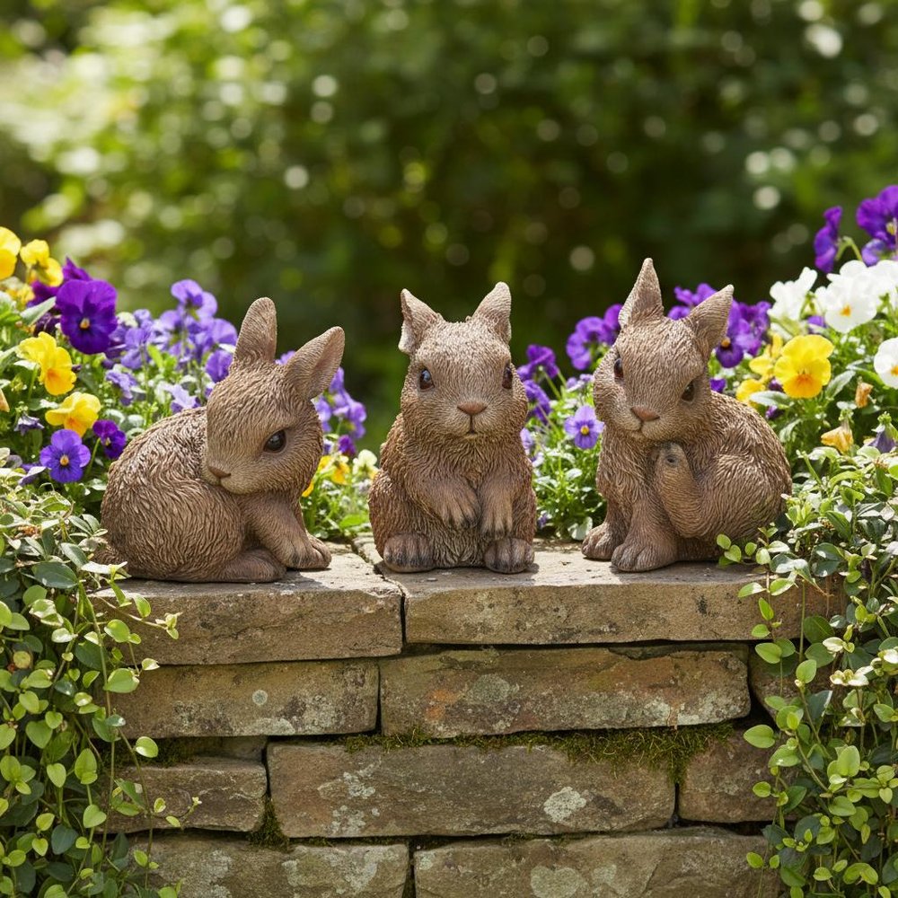 Set of Three Brown Resin Bunny Outdoor Statues