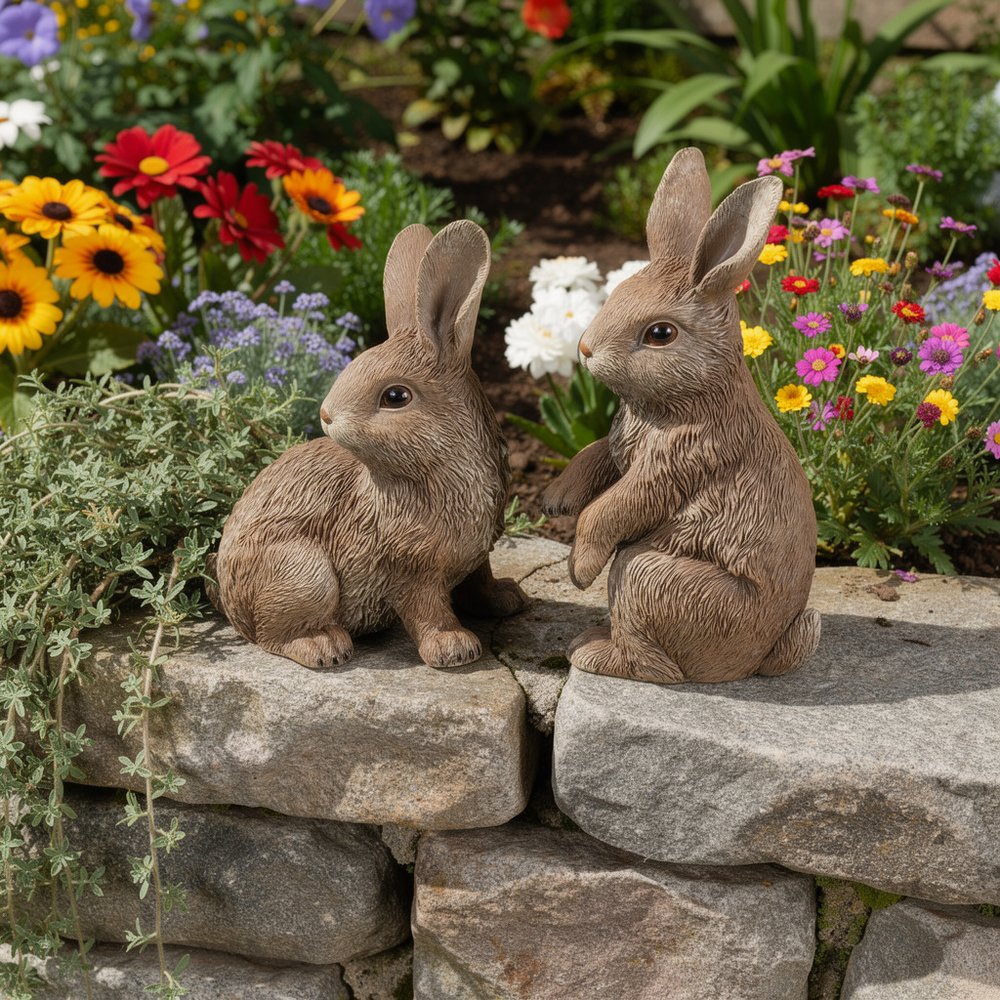 Set of Two Brown Resin Bunny Outdoor Statues