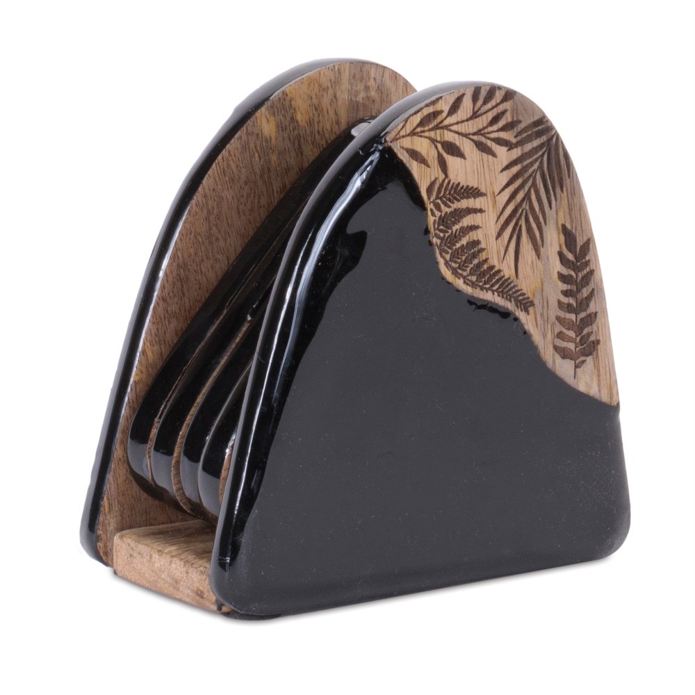 Set of Five Black Solid and Manufactured Wood Coaster Set with Holders With Stand