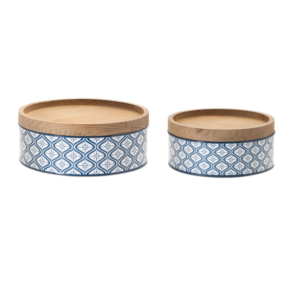 Set of Two Blue And White Metal And Solid Wood Geometric Storage Canisters