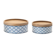 Set of Two Blue And White Metal And Solid Wood Geometric Storage Canisters