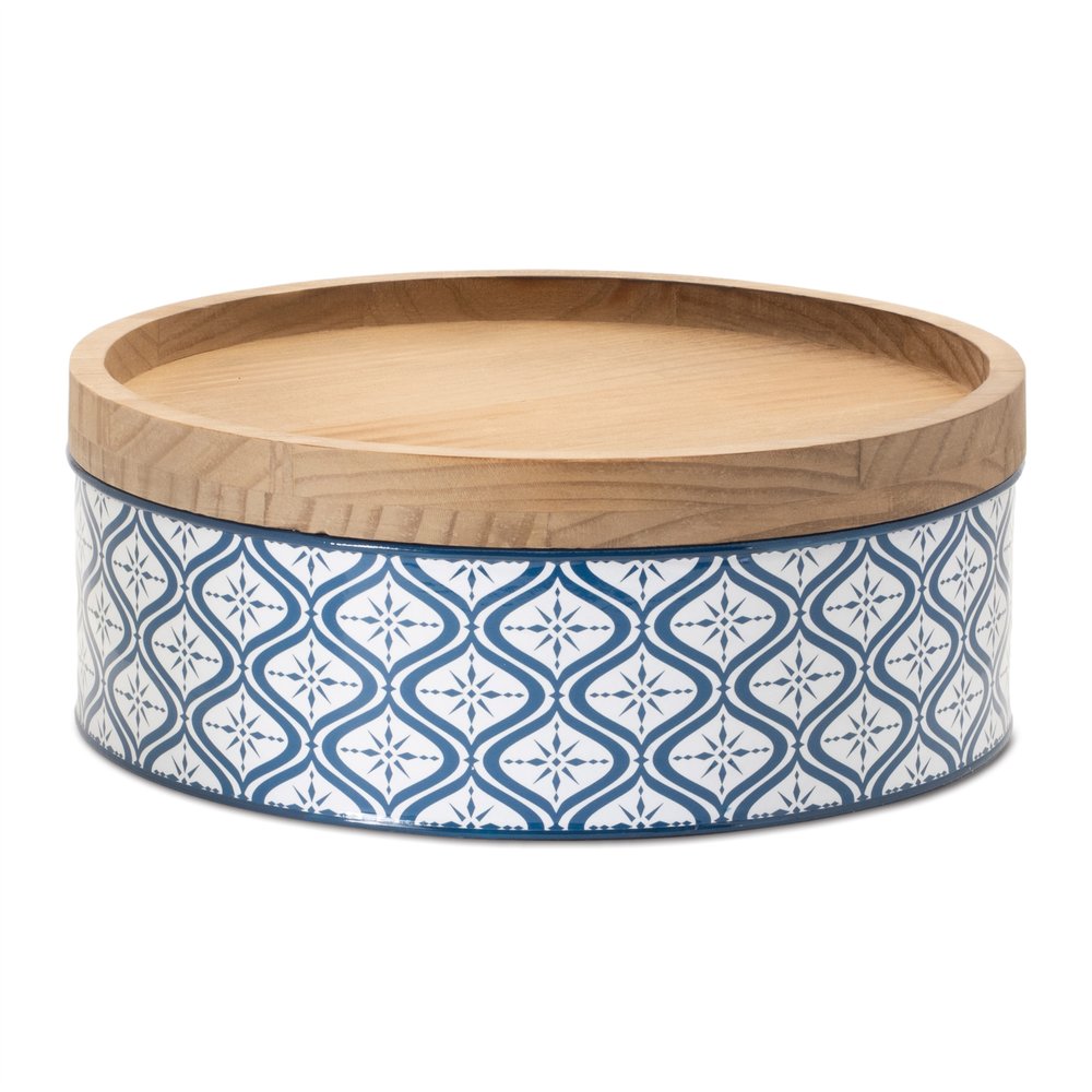 Set of Two Blue And White Metal And Solid Wood Geometric Storage Canisters