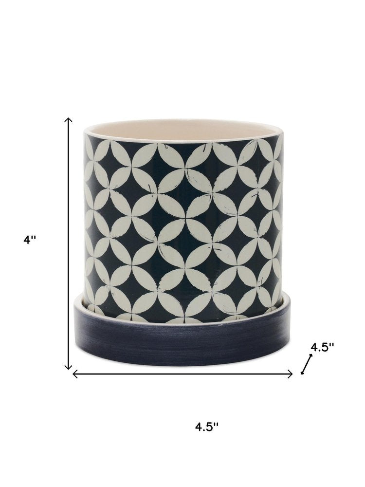 Set of Two Blue And White Ceramic 2 Ounce Striped Round Pot Planters