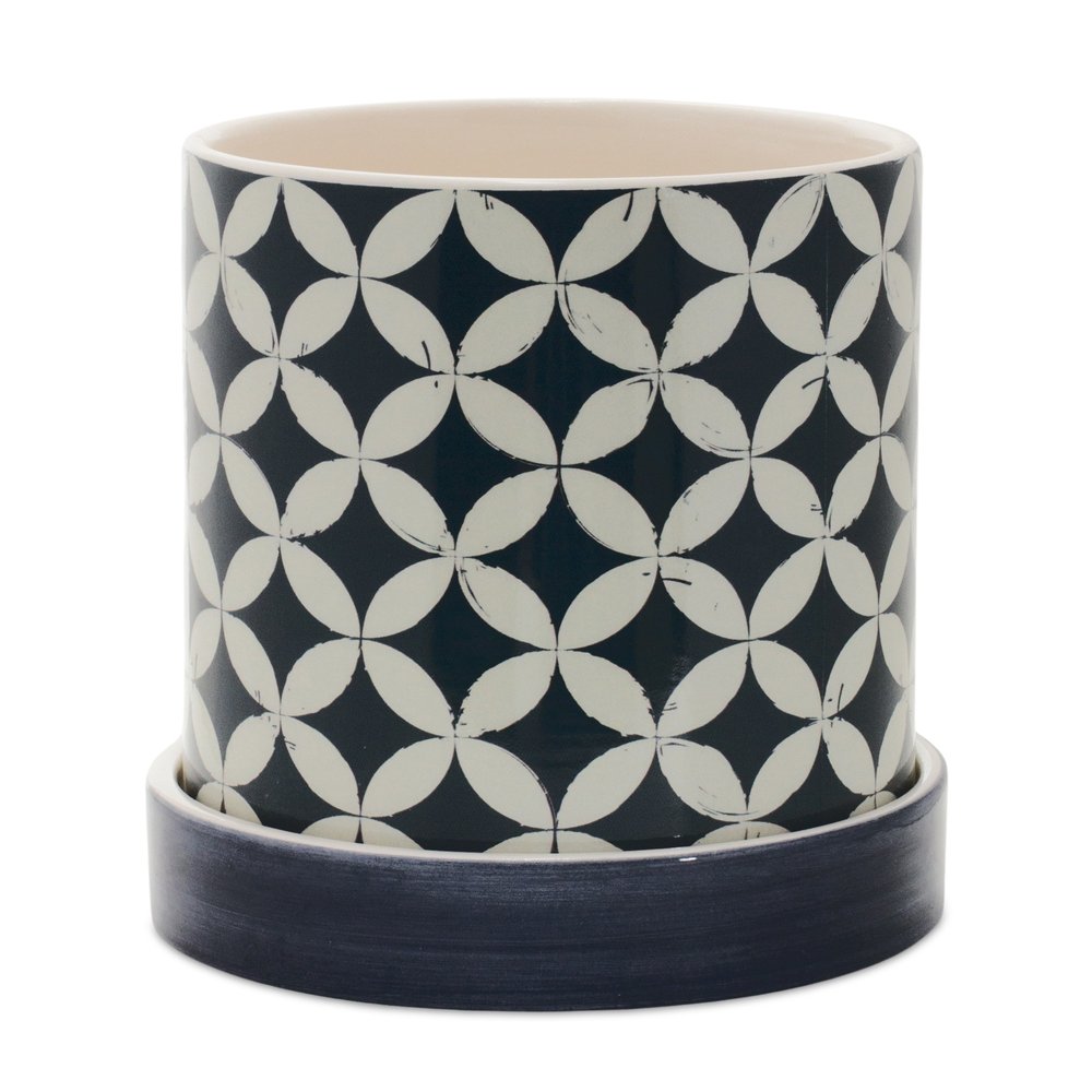Set of Two Blue And White Ceramic 2 Ounce Striped Round Pot Planters