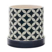 Set of Two Blue And White Ceramic 2 Ounce Striped Round Pot Planters