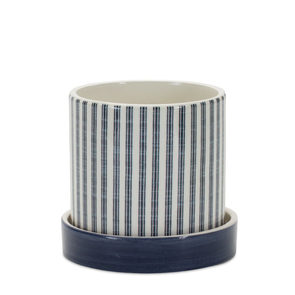 Set of Two Blue And White Ceramic 2 Ounce Striped Round Pot Planters
