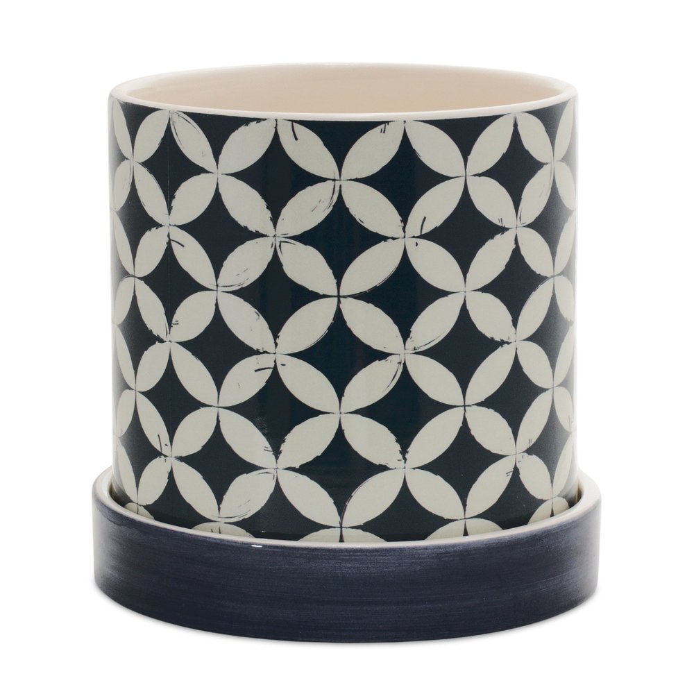 Set of Two Blue And White Ceramic 2 Ounce Striped Round Pot Planters