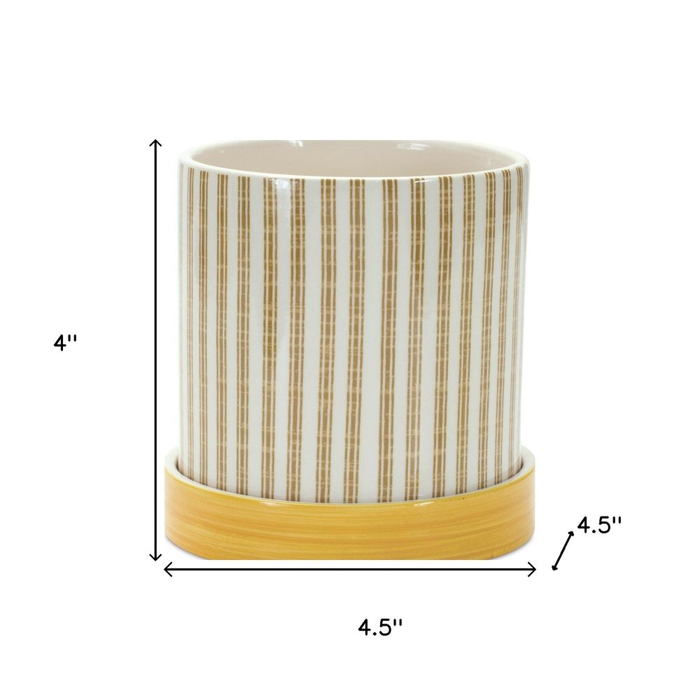 Set of Two Yellow And White Ceramic 2 Ounce Striped Round Pot Planters