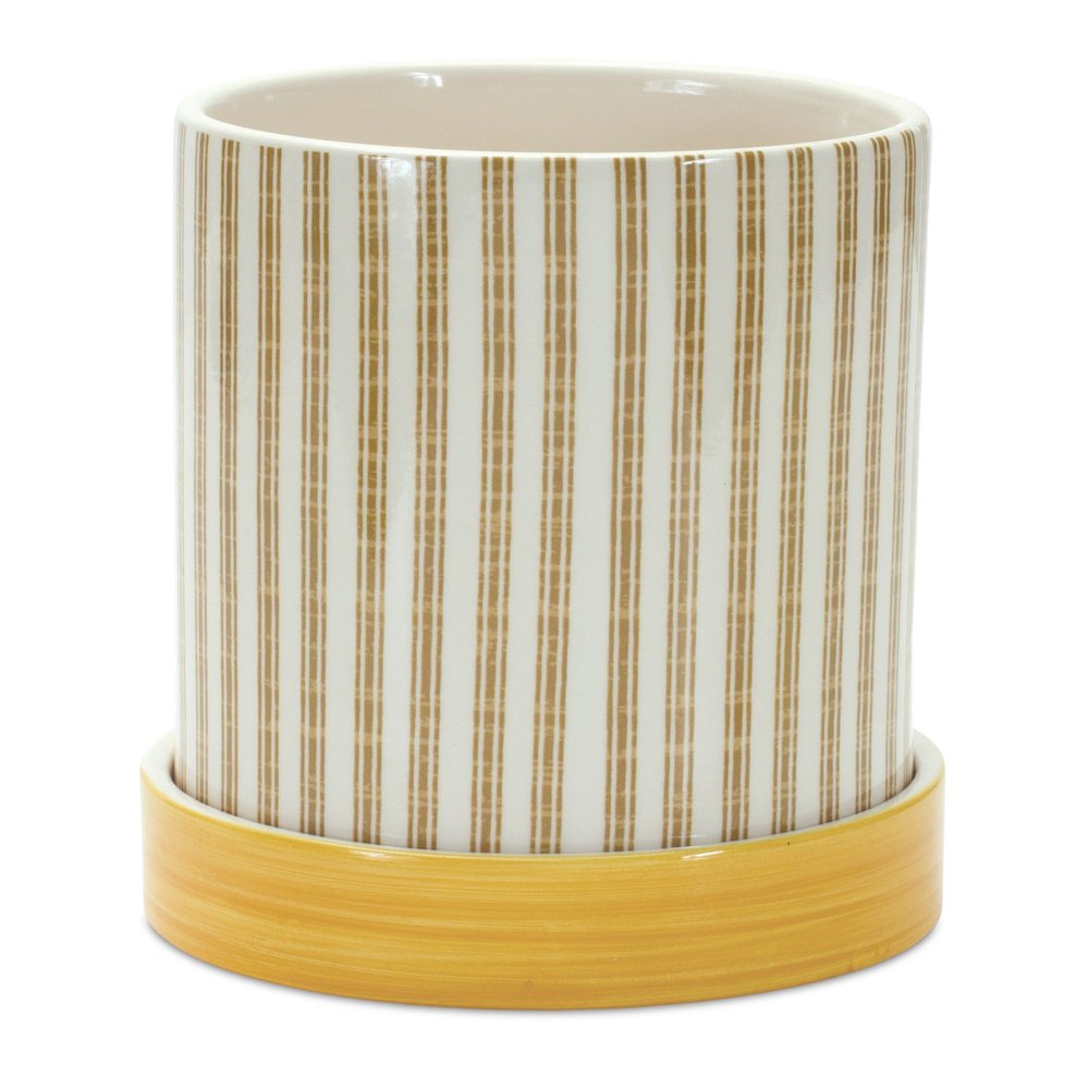 Set of Two Yellow And White Ceramic 2 Ounce Striped Round Pot Planters