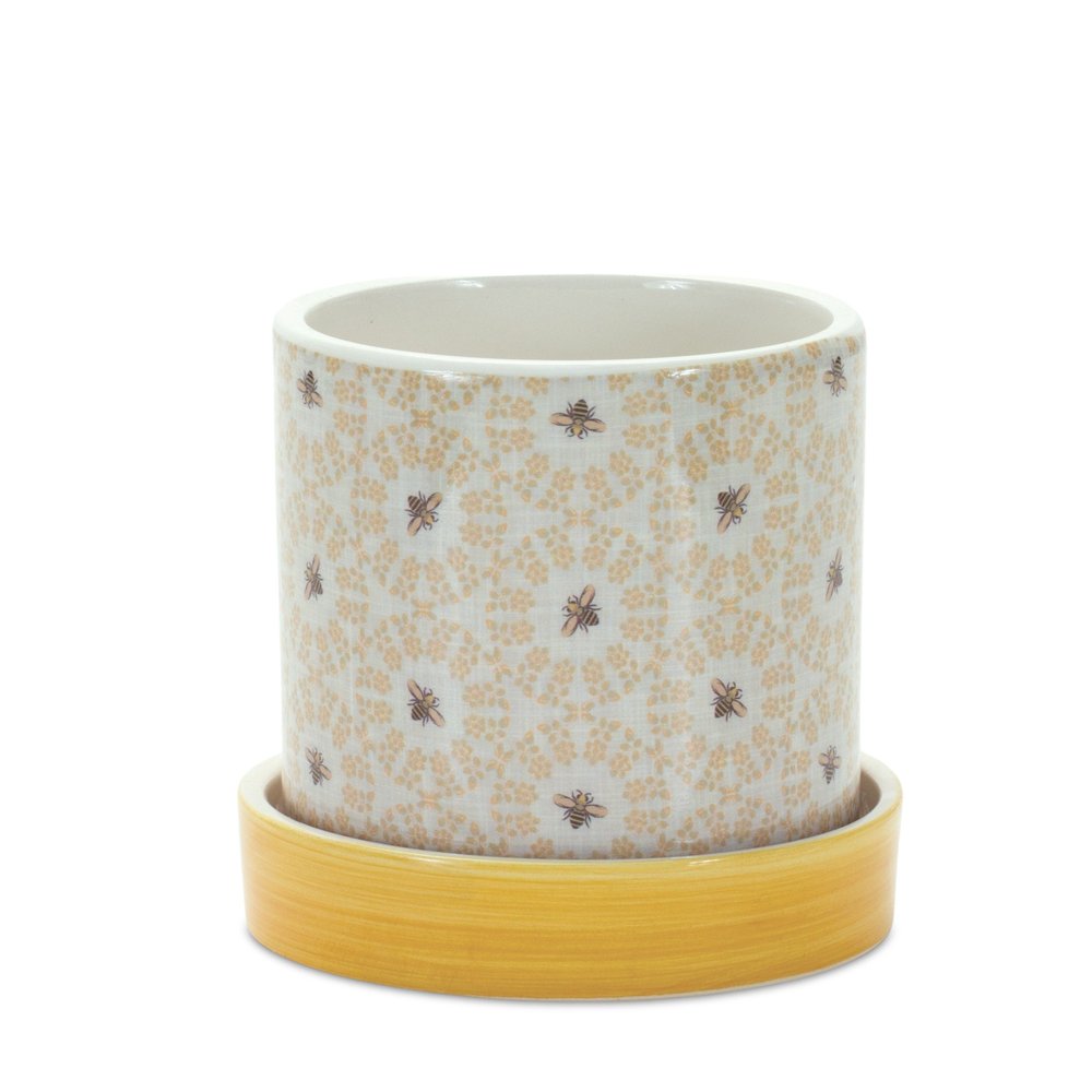 Set of Two Yellow And White Ceramic 2 Ounce Striped Round Pot Planters
