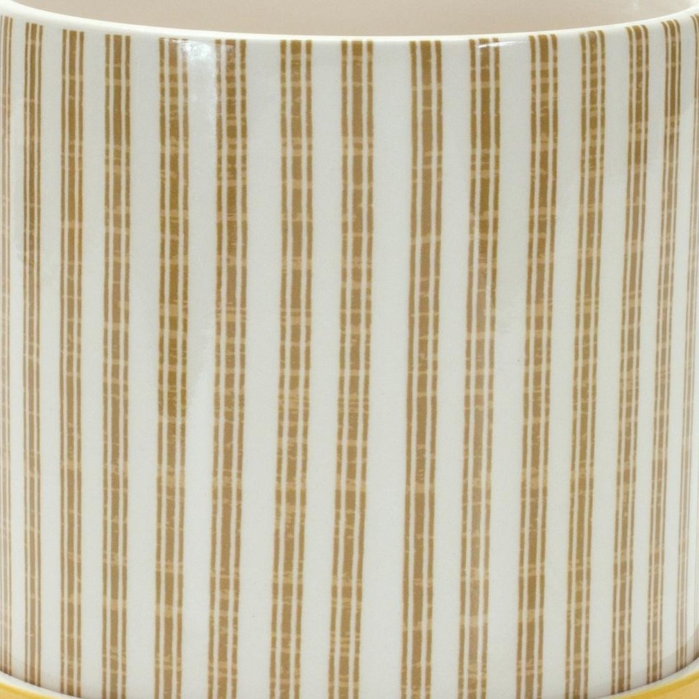 Set of Two Yellow And White Ceramic 2 Ounce Striped Round Pot Planters